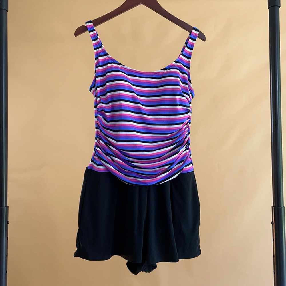 One piece romper style swimsuits with pockets